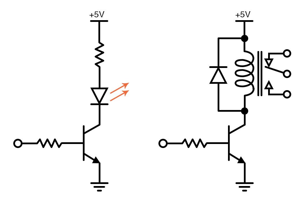 基本开关cicibasic开关电路是控制一个高强度LED(左边)和一个继电器(右边)