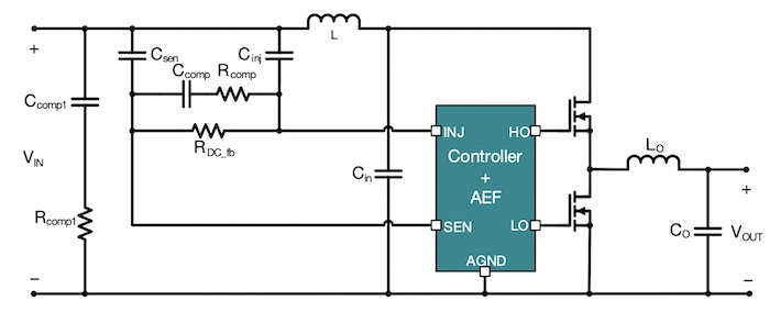 带有有源EMI滤波器的降压转换器，具有感测和注入电容器，以及用于补偿的组件。