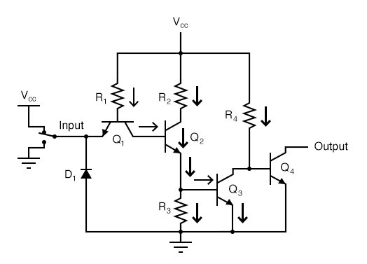 “高”输入导致通过Q1(发射极-基极PN结)的左转向二极管没有导通。